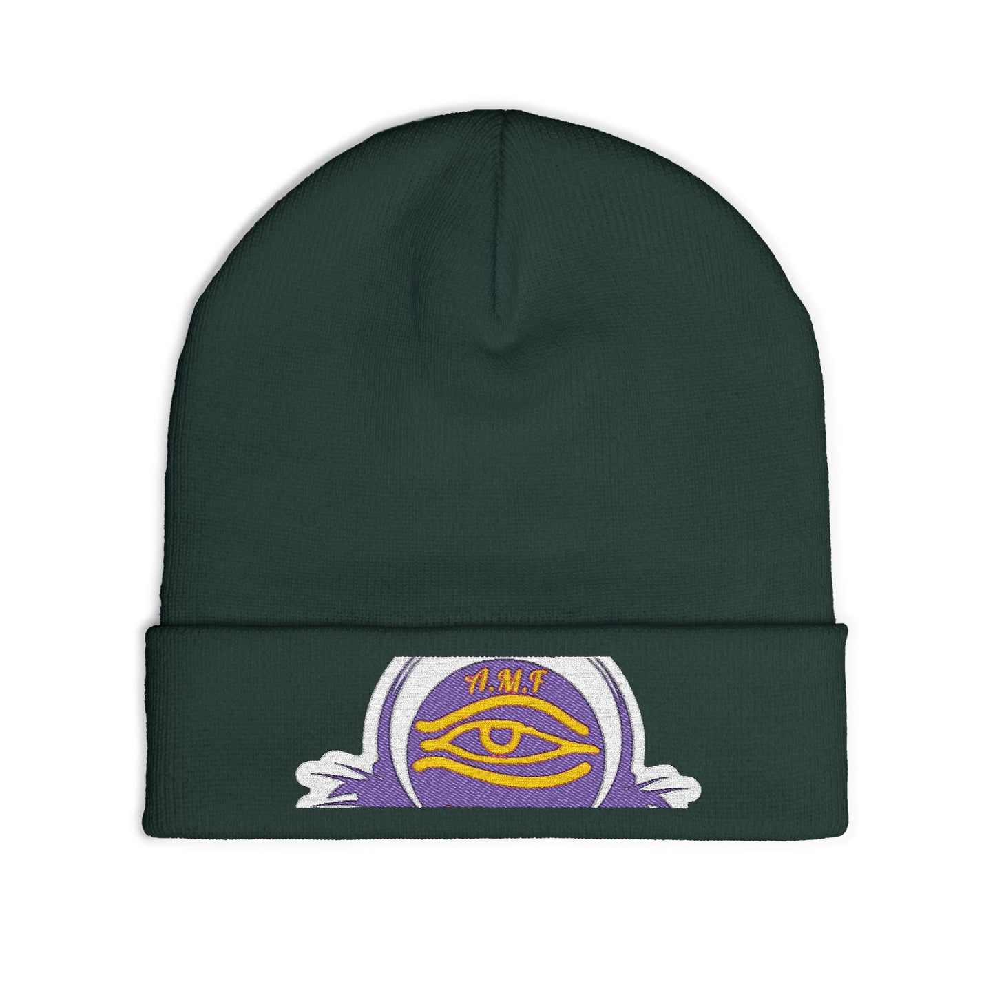 Embroidered Mystic Eye Knit Beanie — Purple & Gold Spiritual Winter Hat