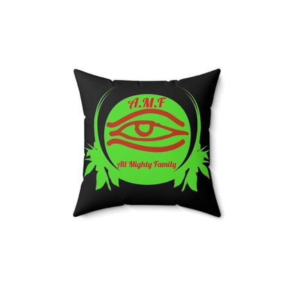 All Mighty Family Eye Logo Square Pillow — Bold Green & Red Graphic Throw Pillow