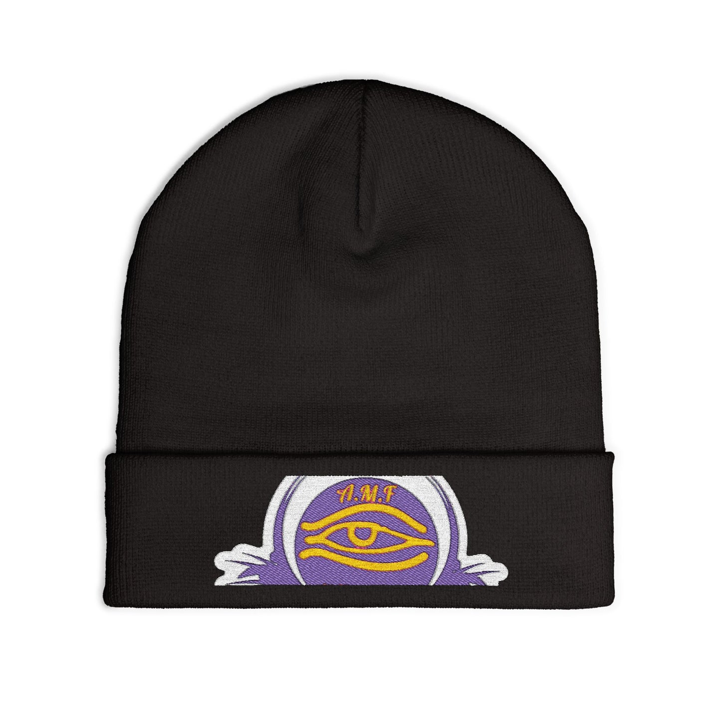 Embroidered Mystic Eye Knit Beanie — Purple & Gold Spiritual Winter Hat