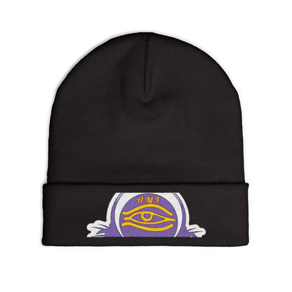 Embroidered Mystic Eye Knit Beanie — Purple & Gold Spiritual Winter Hat