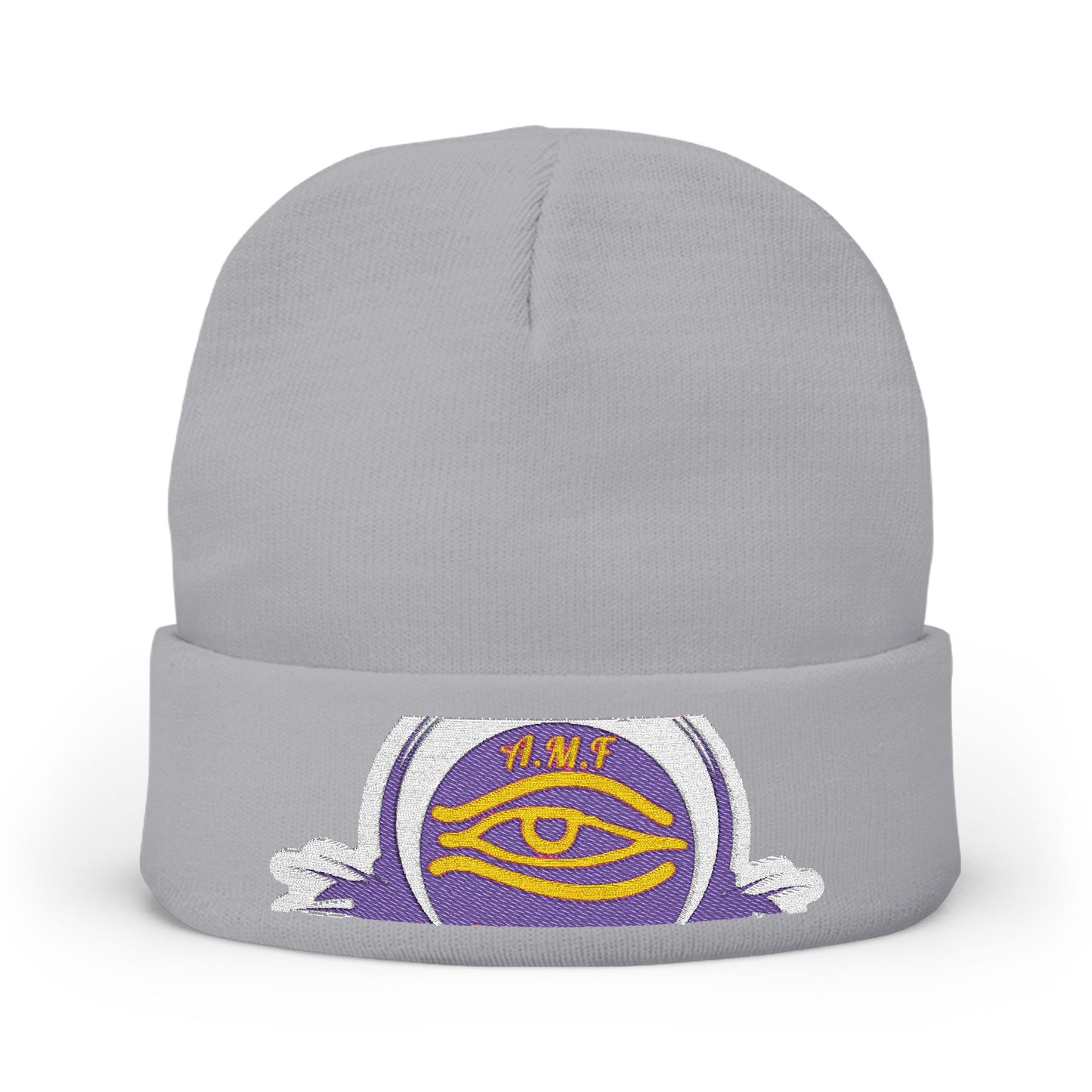 Embroidered Mystic Eye Knit Beanie — Purple & Gold Spiritual Winter Hat