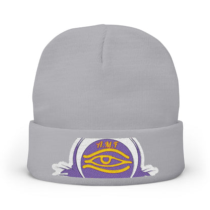 Embroidered Mystic Eye Knit Beanie — Purple & Gold Spiritual Winter Hat